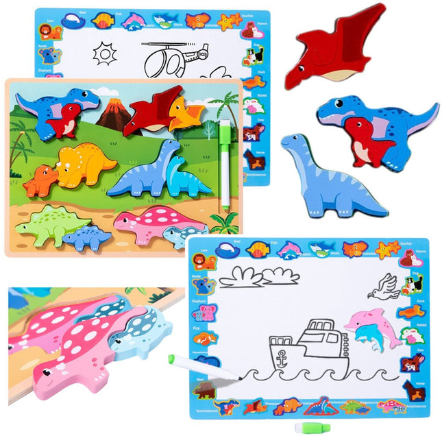 Houten Educatieve Dinosaurus Puzzel Bord 2-in-1 - Met Tekenbord en Uitwisbare Stift - 12 Delen - Puzzel en Teken Bord - 2 in 1 - Whiteboard