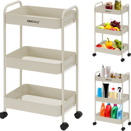 Kinghoff KH-1943 Mobiele 3-delige Stellingkar - Verrijdbare Opbergkar in Beige - Voor Keuken & Badkamer - Organizer op wieltjes - Bijzet meubel -