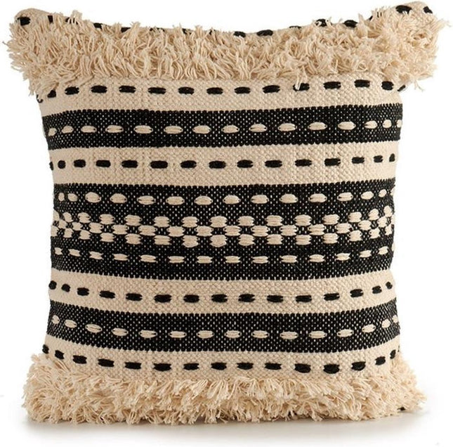 Decoratief beige gebreid kussen met katoenmotieven in beige en zwart. Afmetingen 45x15x45 cm