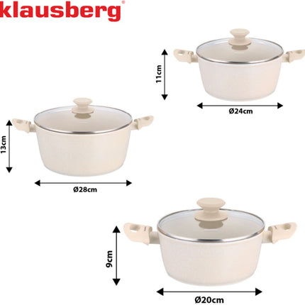 Klausberg KB-7961 Pannenset 6 Delig Beige | Marmer Anti-aanbaklaag | Geschikt voor Inductie | 3 Pannen met Deksels | Creme