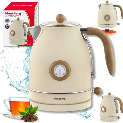 Klausberg KB-9006 Waterkoker 1.7 Liter Retro Design - Analoge Thermometer - 2200W - Ronddraaiende Basis 360° - Roestvrijstaal 304
