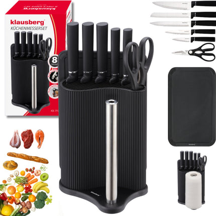 Klausberg KB-7977 8 Delig Keukenset - Messenset met Snijplank en Papierrolhouder - Zwart Roestvrij Staal - Messenblok - o.a. Koksmes, Broodmes, Snijplank, Keukenset