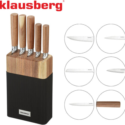 Klausberg KB-7981 6 Delig Messenset - 5 Messen met Acacia Houten Blok - Roestvrij Staal Zwart - Messenblok inclusief Messen - Natuurlijke Look - Koksmes - Broodmes -