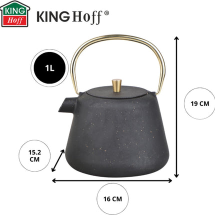 Kinghoff Gietijzeren Theepot met Zeef - 1 Liter - Zwart met Gouden Accenten - Model KH1932