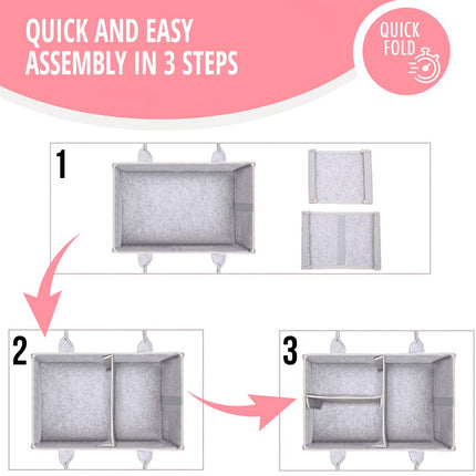 SIPO Luier Organizer Tas - Opbergmand voor Baby Accessoires - Grijze Felt Caddy met Handvat - 3 Vakken + 8 Zakken - Grijs / Roze - Commode Tas - Commode Organizer