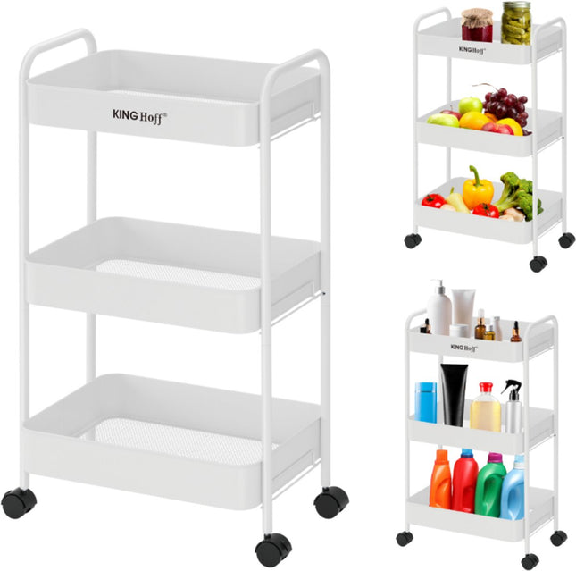 Kinghoff KH-1942 Mobiele 3-delige Stellingkar - Verrijdbare Opbergkar met Wieltjes - Wit - Badkamer Organizer - Keukenorganizer -