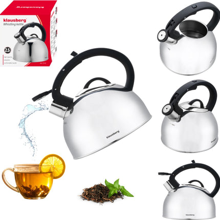 Klausberg 7910 - Fluitketel met fluit - 2.5 liter - RVS - Zilverkleurig