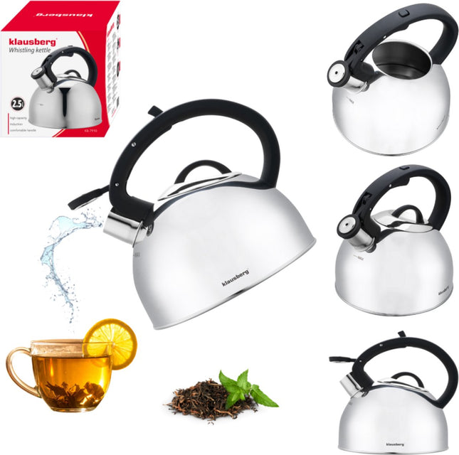 Klausberg 7910 - Fluitketel met fluit - 2.5 liter - RVS - Zilverkleurig
