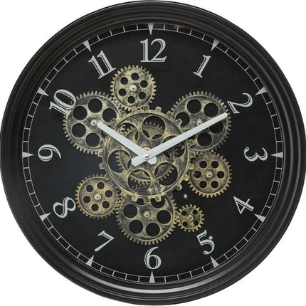 WANDKLOK METAAL MET DRAAIENDE TANDWIELEN  - ZWART - DIAMETER 37 CM