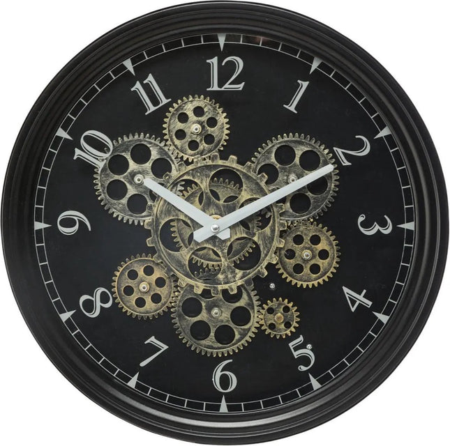 WANDKLOK METAAL MET DRAAIENDE TANDWIELEN  - ZWART - DIAMETER 37 CM
