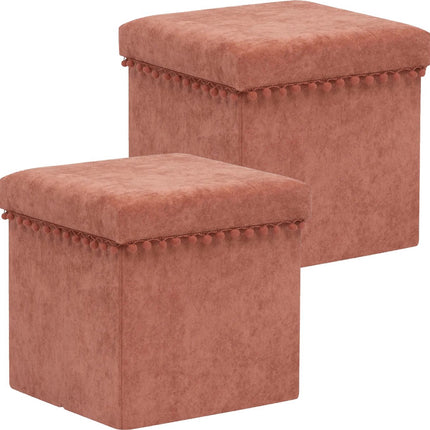 Atmosphera Poef/krukje/hocker Arabic - 2x - Opvouwbare zit opslag box - fluweel Steenrood - D38 x H38 cm - MDF/polyester