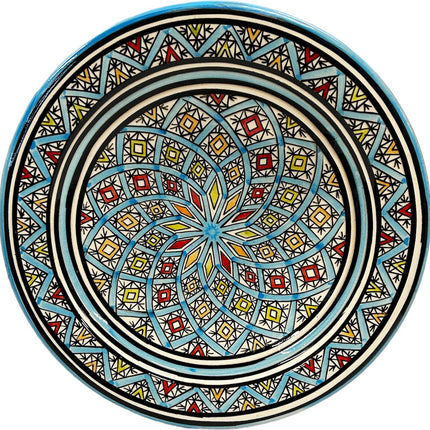 Schaal aardewerk 35 cm turquoise blauw met verschillende kleuren