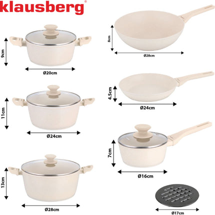 Klausberg KB-7959 Pannenset 12 Delig Beige | Marmer Anti-aanbaklaag | Inclusief Koekenpan en Wok | Geschikt voor Inductie | Cremewit