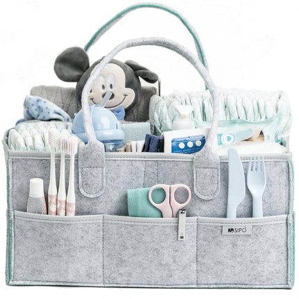 SIPO Luier Organizer Tas - Opbergmand voor Baby Accessoires - Grijze Felt Caddy met Handvat - 3 Vakken + 8 Zakken - Grijs / Mint - Commode Tas - Commode Organizer