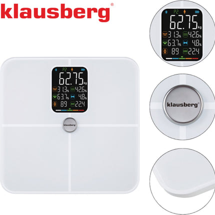 Klausberg KB-7941 Slimme Personenweegschaal – Wit – 180 kg – Lichaamsanalyse BIA – Bluetooth – Vetpercentage, Spiermassa & BMI – Tempered Glass