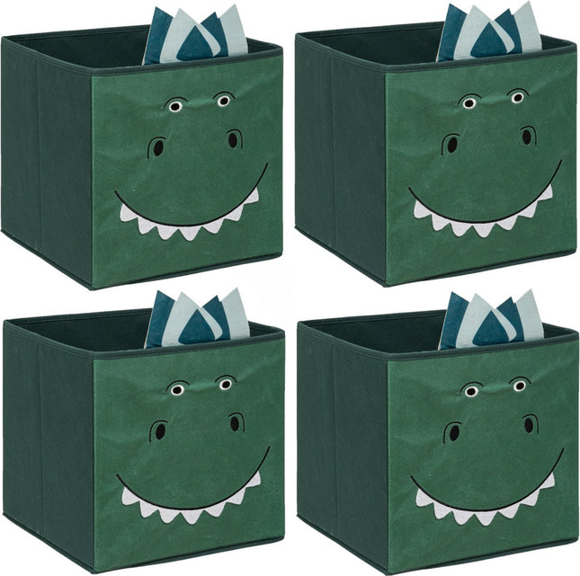 Atmosphera Opbergmand/kastmand dino - 4x - voor kinderen - karton/kunststof - groen - 30 x 30 cm