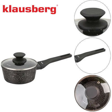 Klausberg KB-7986 Marmeren Steelpan 16 cm met Glazen Deksel – Anti-aanbak, Inductiegeschikt, 1.2 Liter