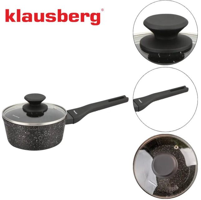 Klausberg KB-7986 Marmeren Steelpan 16 cm met Glazen Deksel – Anti-aanbak, Inductiegeschikt, 1.2 Liter