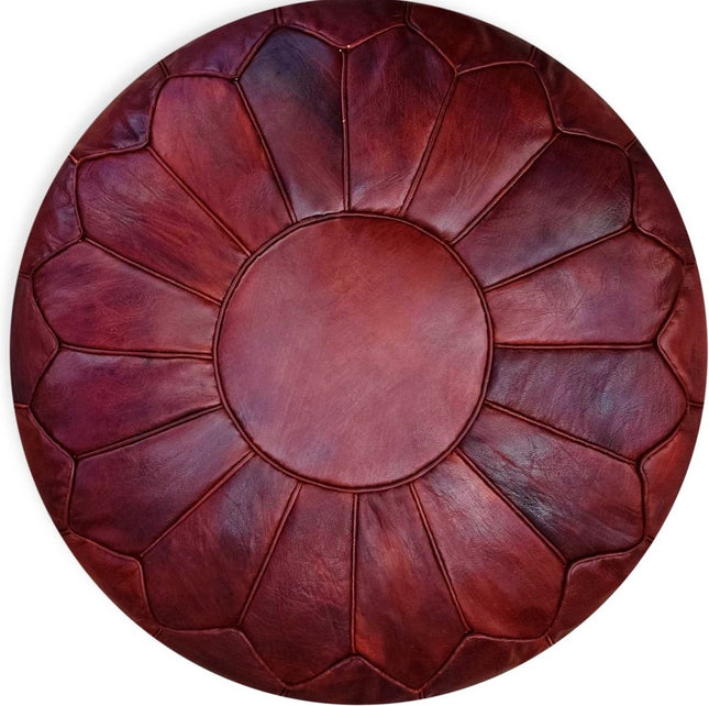 Marokkaanse Leren Poef (XL) - Wijnrood - Ø60 x 35cm - Gevuld geleverd