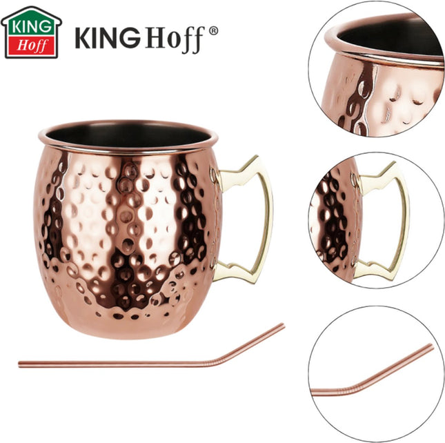 KINGHoff Moscow Mule Bekerset – 2 Koperen Bekers 500 ml + 2 Metalen Rietjes – RVS Binnenzijde – Hammered Design – Ideaal voor Cocktails & Iced Drinks