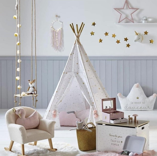 Atmosphera Kids Tipi tipi wigwam wit met goude en roze sterren - Speeltent - Hoogte 160 cm - Katoen