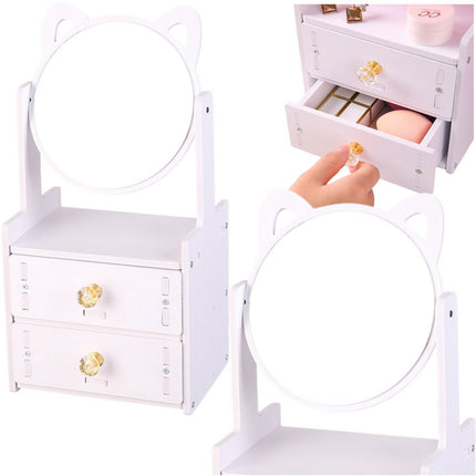 Mini Opmaaktafel met Spiegel en 2 Lades - Wit Houten Dressoir voor Sieraden en Make-up - Compact Opbergmeubel - Make up Spiegel - Make-up Organizer - Opmaakspiegel met Kattenoortjes