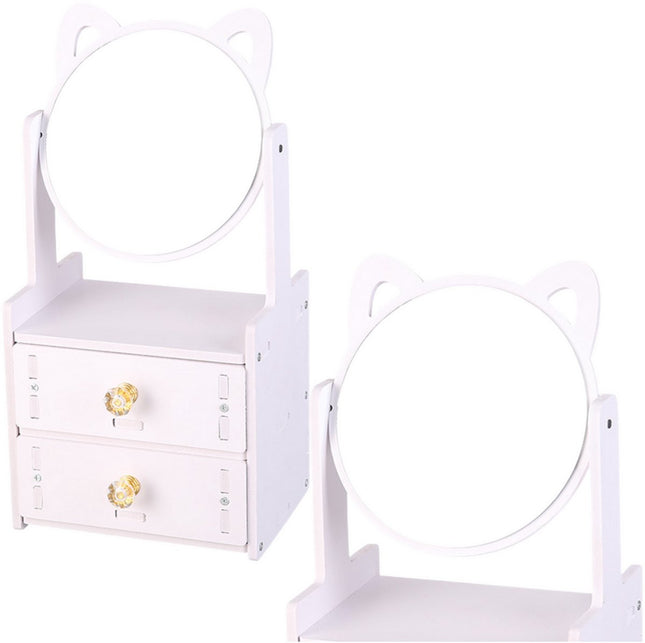 Mini Opmaaktafel met Spiegel en 2 Lades - Wit Houten Dressoir voor Sieraden en Make-up - Compact Opbergmeubel - Make up Spiegel - Make-up Organizer - Opmaakspiegel met Kattenoortjes