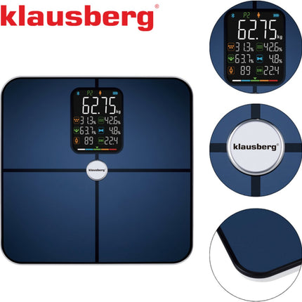 Klausberg KB-7940 Slimme Personenweegschaal – BIA Lichaamsanalyse – Bluetooth App – 180 kg – Donkerblauw – Vet%, Spiermassa, Hydratatie, BMI
