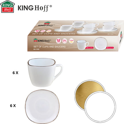 KingHoff Vierkante Kop en Schotel Set 12-delig - Wit Opaalglazen Koffiekopjes met Gouden Rand - 220 ml - Modern Design - Koffieset Schotelset