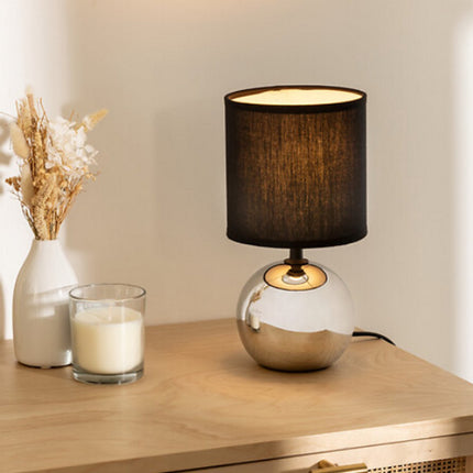 Zwart en Zilver Keramische Ball Tafellamp | E14 Nachtlamp | Stoffen Kap | Ø13 x H25 cm | Bureaulamp | Ceramic Ball Lamp