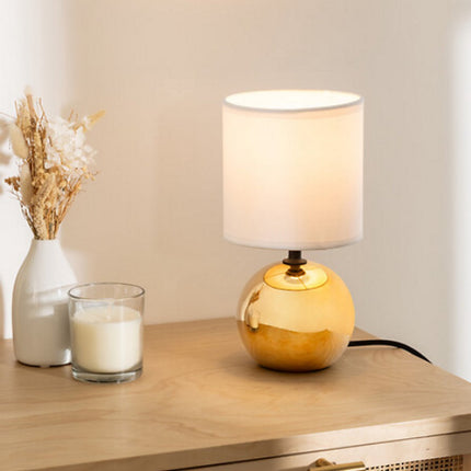 Wit met goude Keramische Ball Tafellamp | E14 Nachtlamp | Stoffen Kap | Ø13 x H25 cm | Bureaulamp | Ceramic Ball Lamp