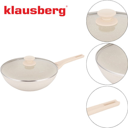 Klausberg Wokpan 28 cm met Deksel – Marble Coating – Inductie Geschikt – Diepe Hapjespan 3.9L – Crème – KB-7991