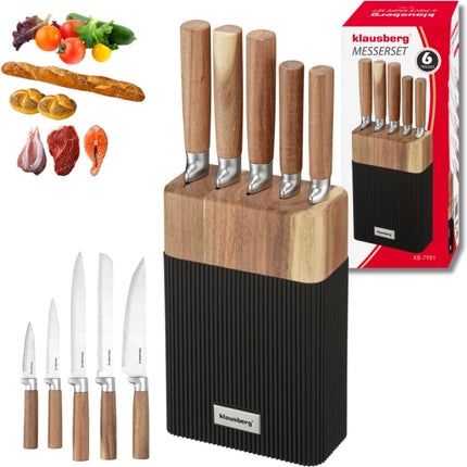 Klausberg KB-7981 6 Delig Messenset - 5 Messen met Acacia Houten Blok - Roestvrij Staal Zwart - Messenblok inclusief Messen - Natuurlijke Look - Koksmes - Broodmes -