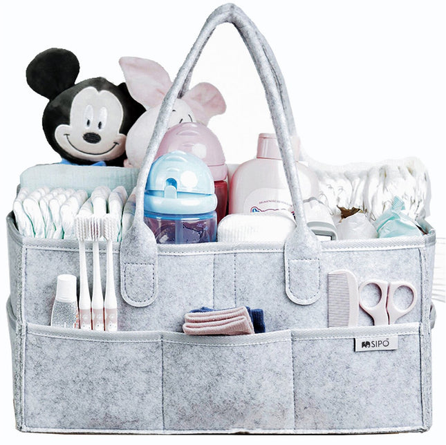 SIPO Luier Organizer Tas - Opbergmand voor Baby Accessoires - Grijze Felt Caddy met Handvat - 3 Vakken + 8 Zakken - Grijs - Commode Tas - Commode Organizer