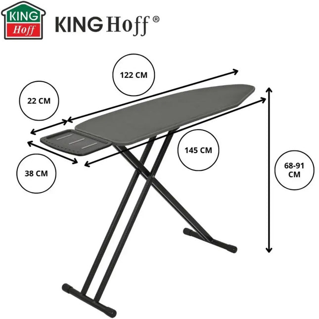 KINGHOFF KH-1940 Strijkplank – Premium 122×38 cm – 7-hoogtes verstelbaar – Extra breed blad & Strijkijzerhouder – Graphite