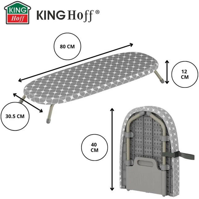 KINGHOFF KH-1937 Tafelstrijkplank – Inklapbare Strijkplank met Laminated Katoenen Hoes & 5 mm Vilt – 81,5×30,5 cm – Grijs