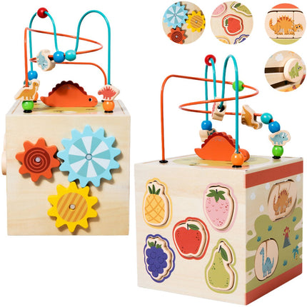 Houten Leerkubus Montessori Speelgoed 5-in-1 - Educatief Activiteitenkubus met Kralenbaan - Houten Speelgoed voor Kinderen vanaf 3 Jaar - Motoriek Leren Speelgoed -