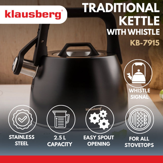 Klausberg 7915 - Fluitketel met fluit - 2.5 liter - RVS - zwart