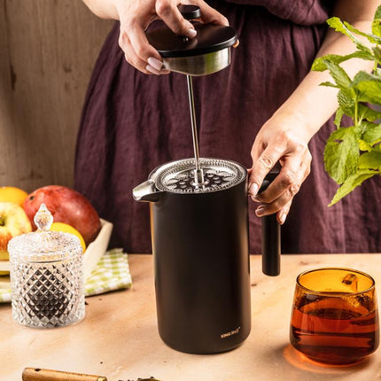 KINGHoff French Press 1 Liter – Mat Zwart – Dubbelwandig RVS – Luxe Koffie & Thee Zetter – KH-1996