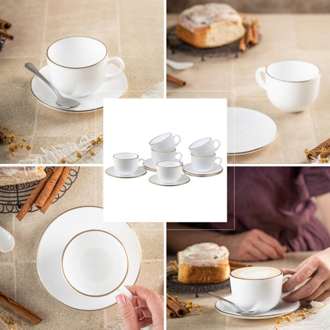 KingHoff Kop en Schotel Set 12-delig - Wit Opaalglazen Koffiekopjes met Gouden Rand - 210 ml - Set voor 6 Personen