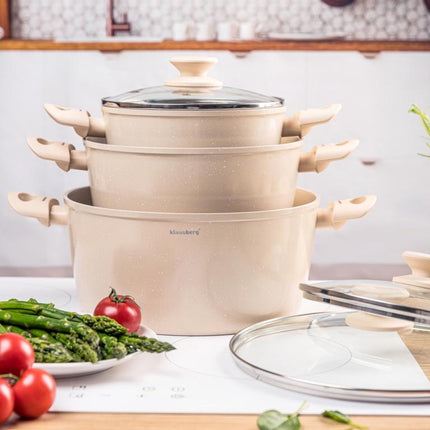 Klausberg KB-7961 Pannenset 6 Delig Beige | Marmer Anti-aanbaklaag | Geschikt voor Inductie | 3 Pannen met Deksels | Creme