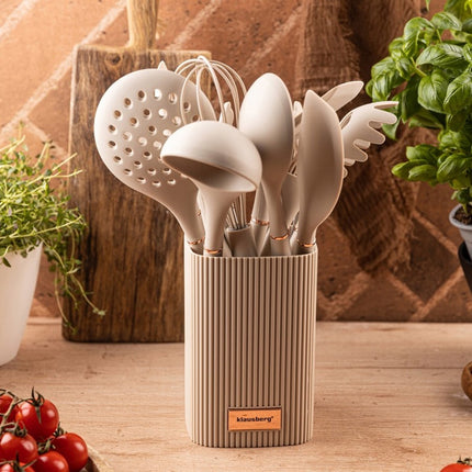 Klausberg Keukengerei Set 12-delig met Standaard – Siliconen Keukengerei – Hittebestendig 220°C – Beige