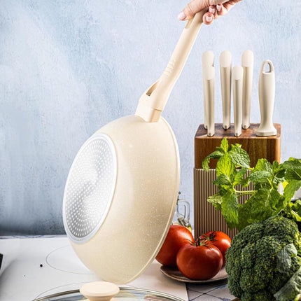 Klausberg Wokpan 28 cm met Deksel – Marble Coating – Inductie Geschikt – Diepe Hapjespan 3.9L – Crème – KB-7991