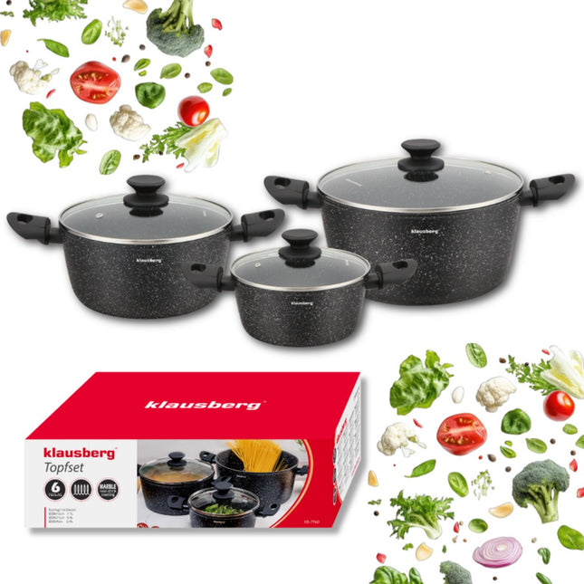Klausberg KB-7960 Kookpottenset – 3-delig – Marmer Antiaanbak – Inductie Geschikt – 20/24/28 cm – Inclusief Glazen Deksel