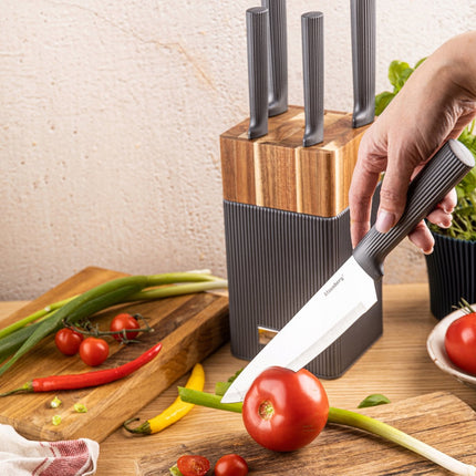 KLAUSBERG 6-Delige Messenset met blok – Acaciahouten Blok – RVS keukenmessen – Grafiet Handgrepen – KB-7982