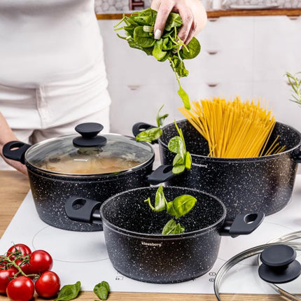 Klausberg KB-7960 Kookpottenset – 3-delig – Marmer Antiaanbak – Inductie Geschikt – 20/24/28 cm – Inclusief Glazen Deksel