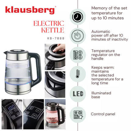 Klausberg KB7888 Elektrische Waterkoker – 1.7L, 1850-2200W, Borosilicaatglas & RVS 304, RGB LED, Temperatuurregeling - 40 tot 100 graden