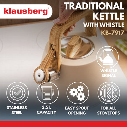 Klausberg 7917 - Fluitketel met fluit - 2.5 liter - RVS - beige - houten handvat