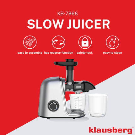 Klausberg KB-7868 Slow Juicer – 150W | Cold Press | Groenten en Fruitpers – Met Pulpreservoir | Grijs | Stille Horizontale Juicer met 7-Traps Perssysteem