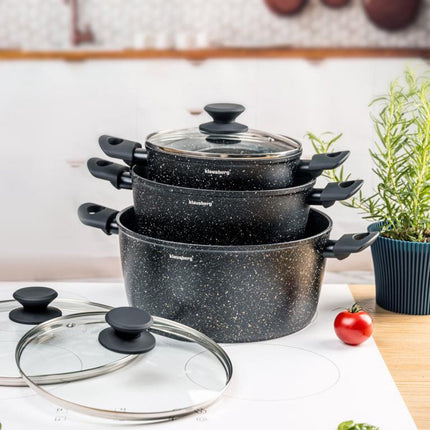 Klausberg KB-7960 Kookpottenset – 3-delig – Marmer Antiaanbak – Inductie Geschikt – 20/24/28 cm – Inclusief Glazen Deksel